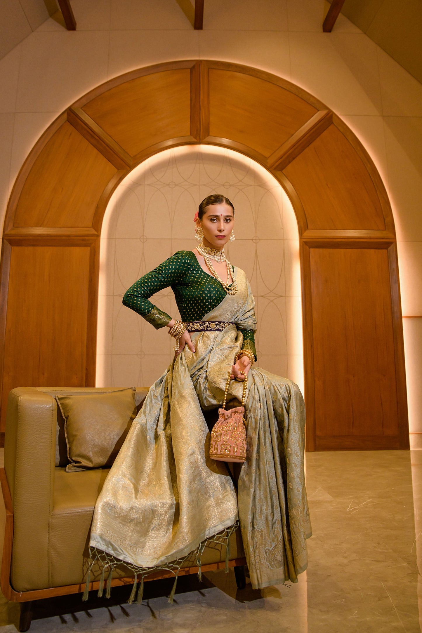 pigeon grey satin zari saree 7