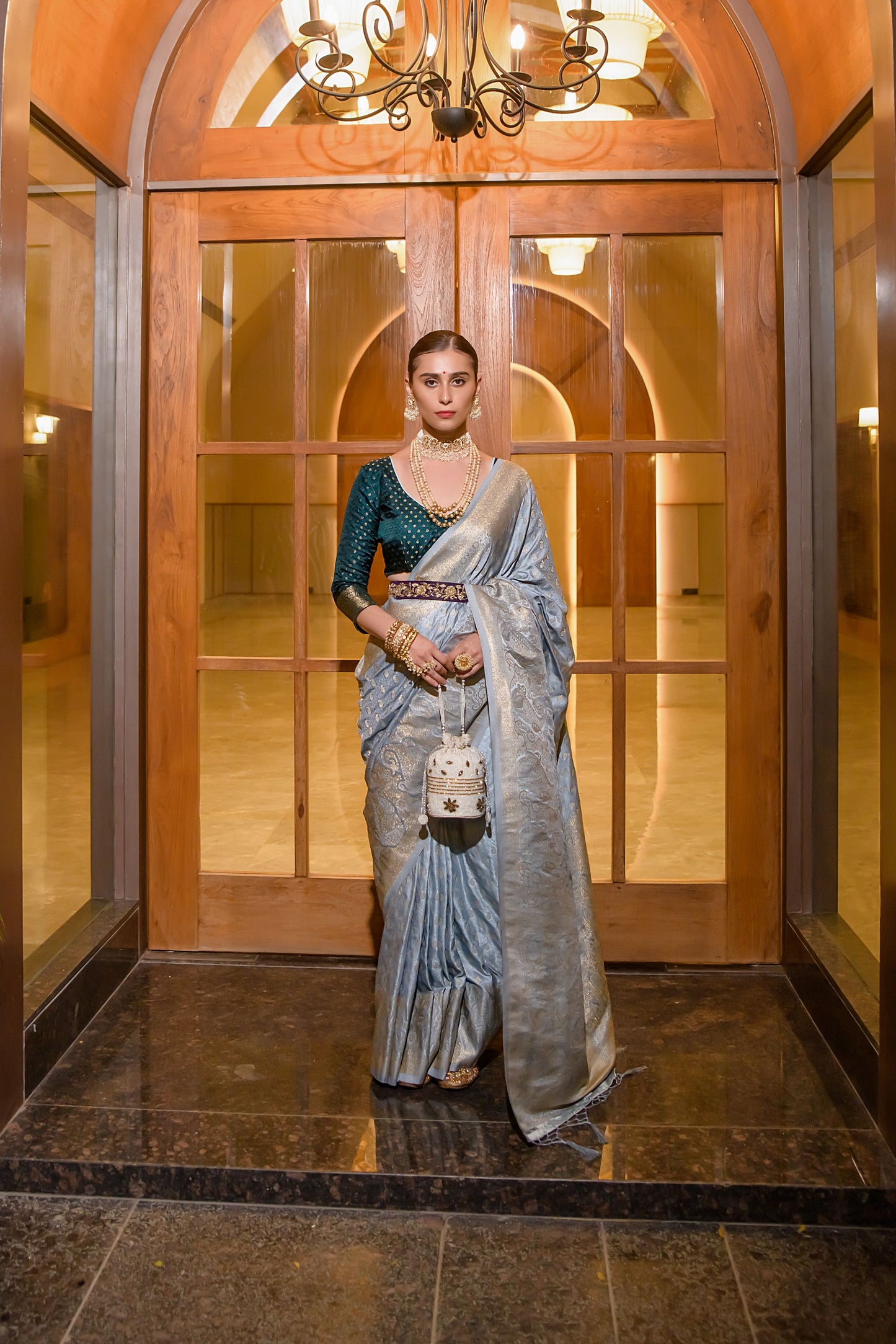 powder blue satin zari saree 4