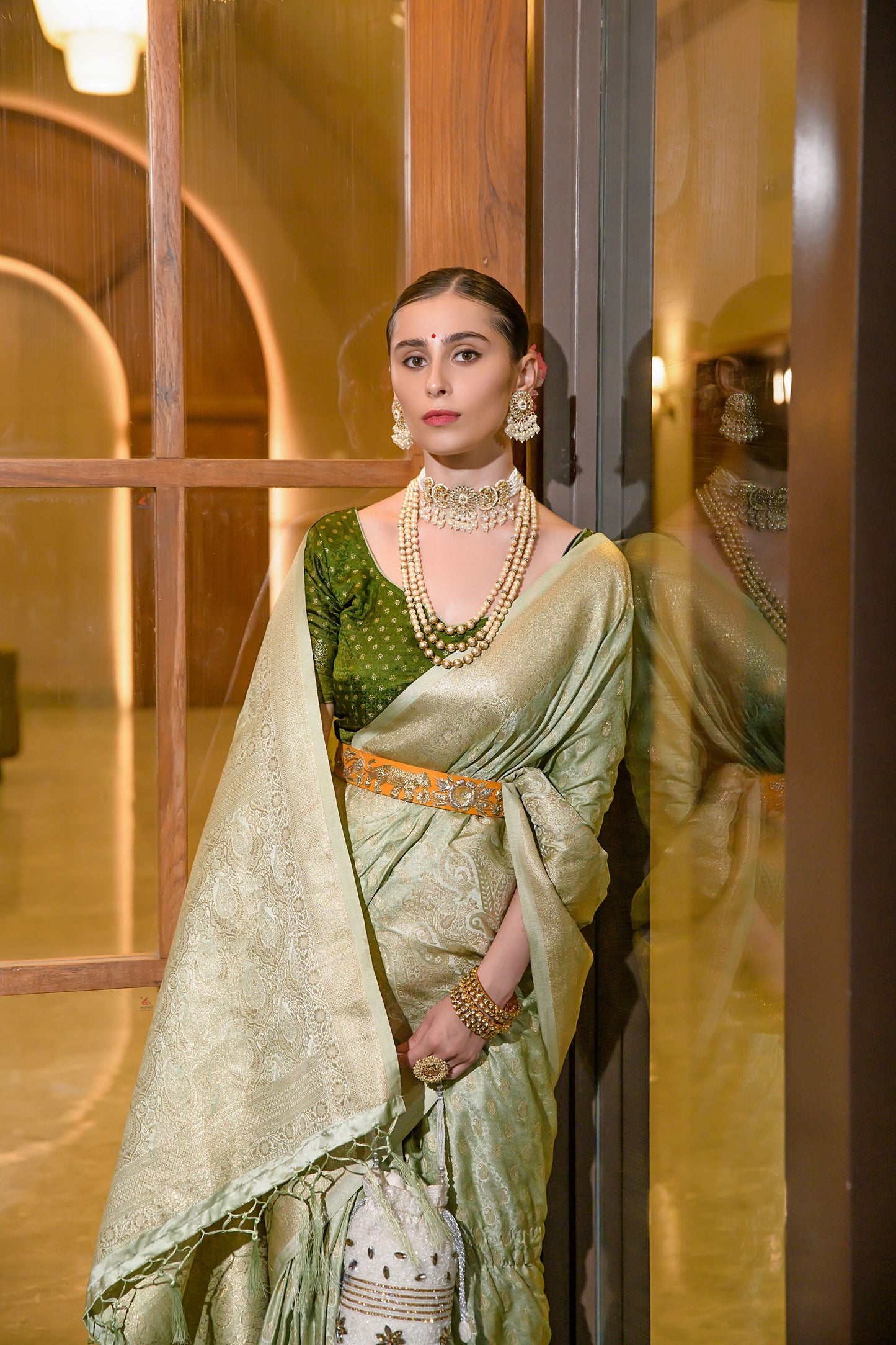 fern green satin zari saree 4