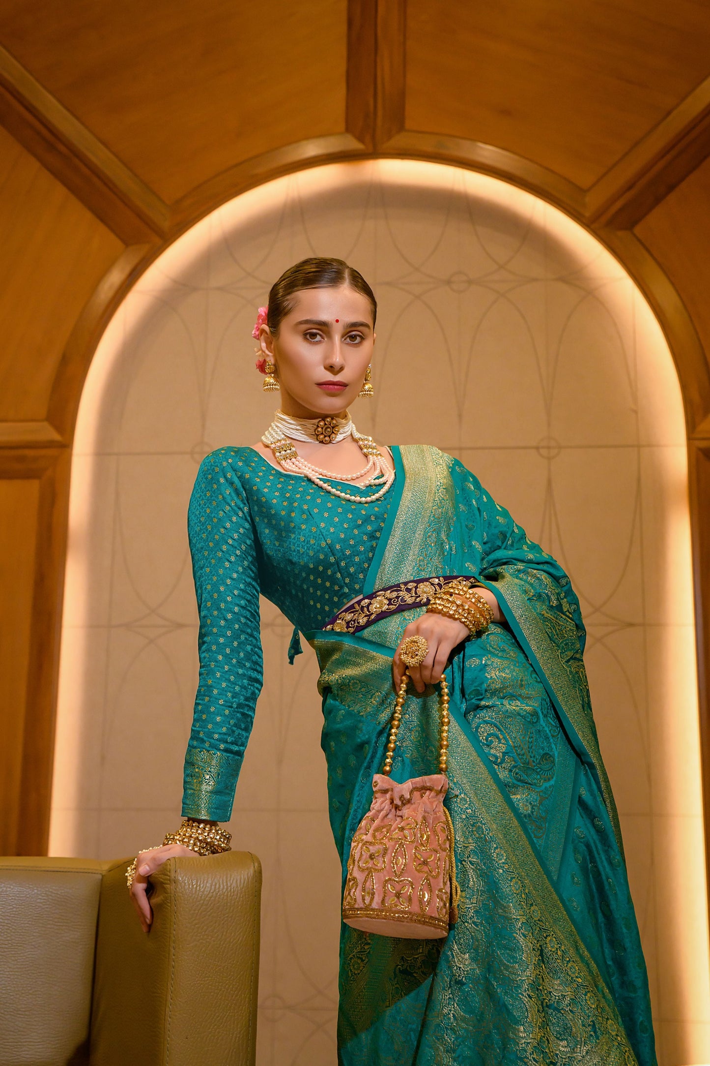 cerulean blue satin zari saree 5