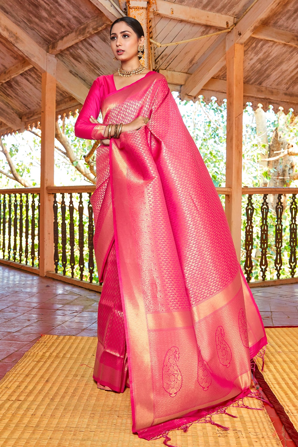rose pink zari shimmery kanjivaram saree 3