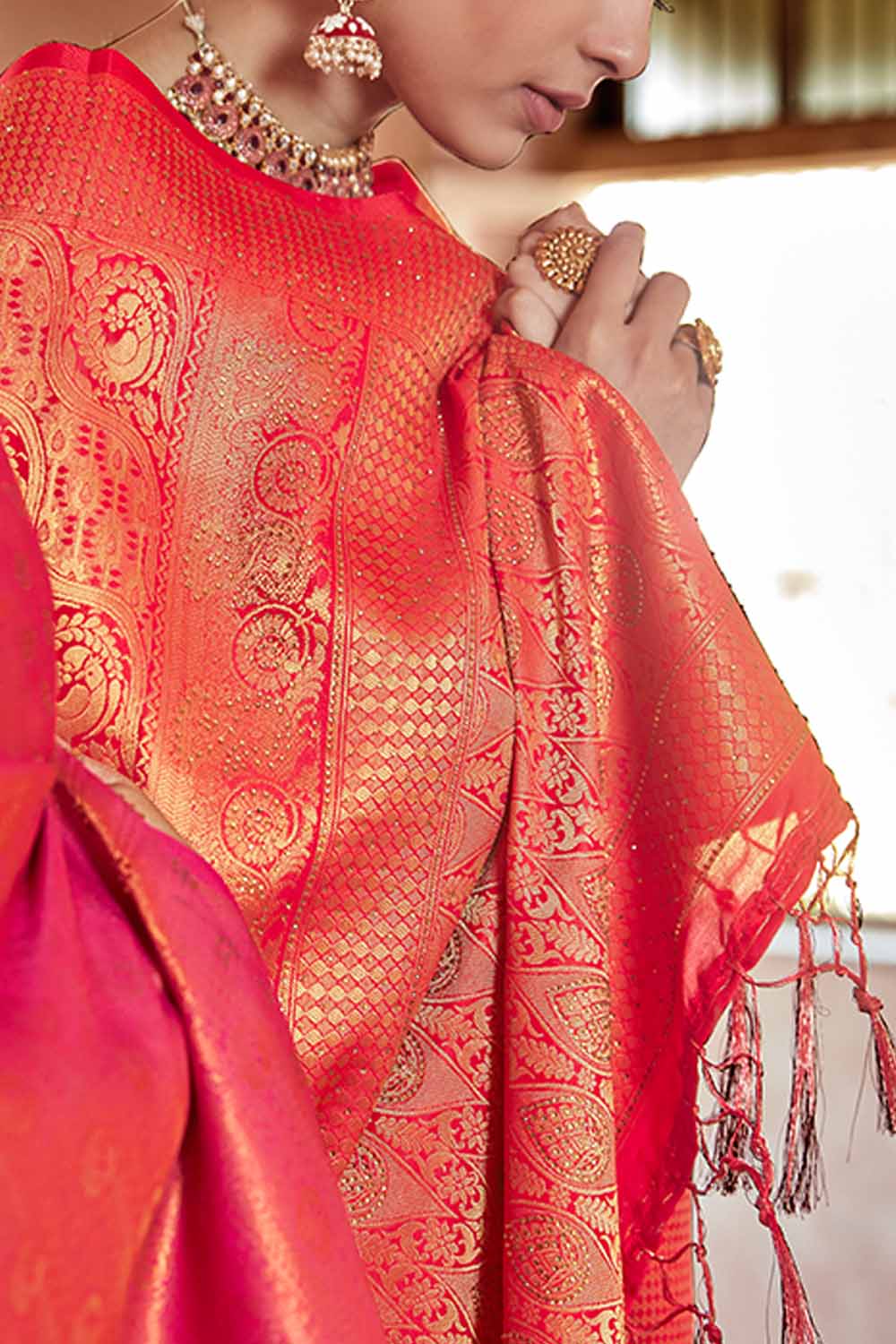 orange zari woven kanjivaram fusion saree with swaroski 4