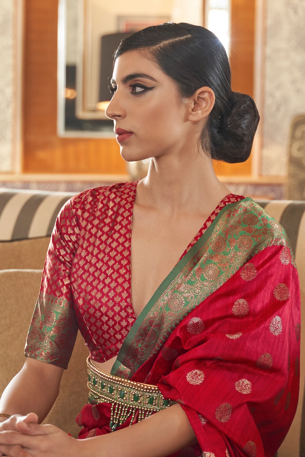 crimson red zari woven south silk saree 4