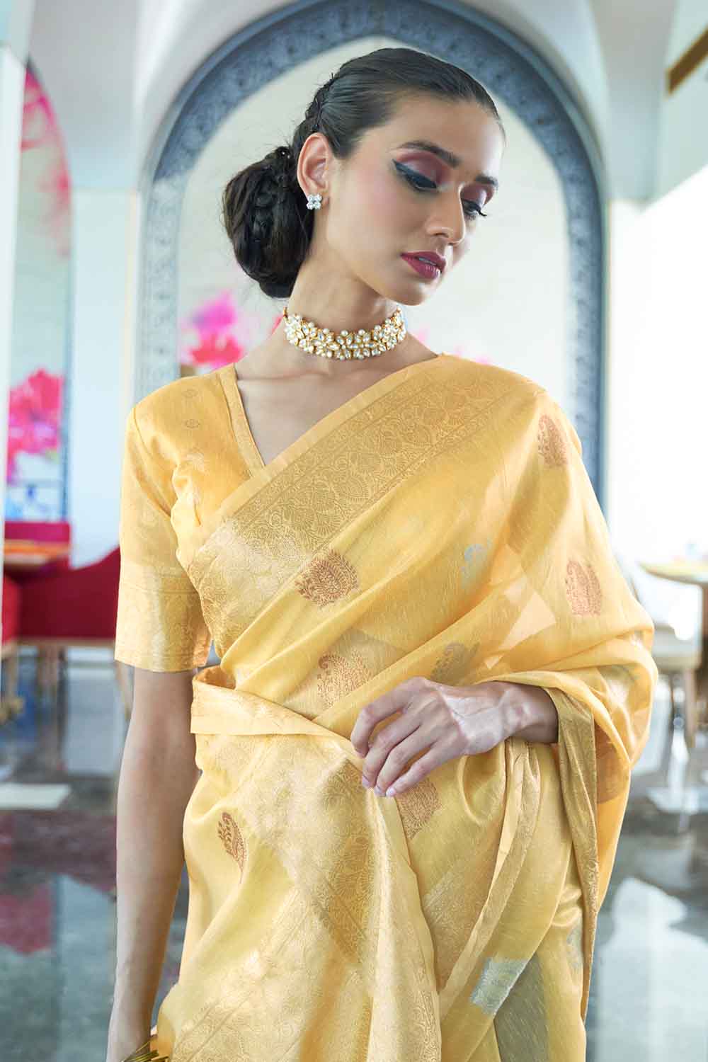 daisy yellow organza saree 4