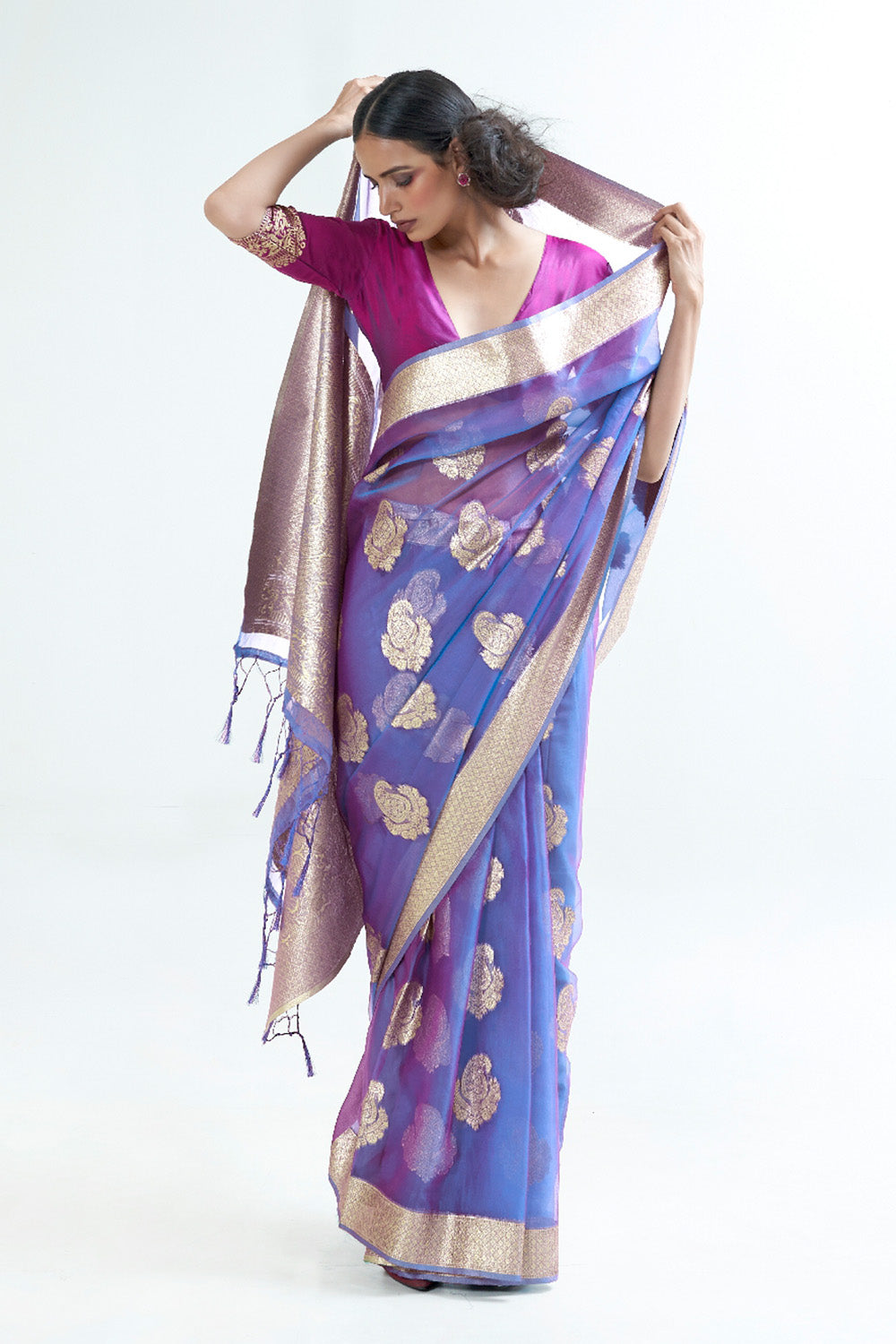 lilac blue organza saree 4
