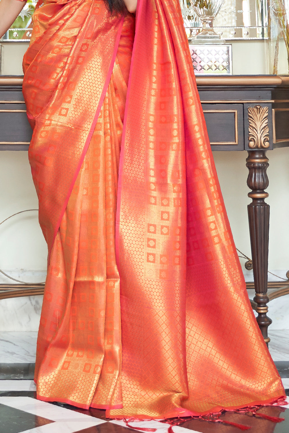 peach pink kanjivaram saree 1 4