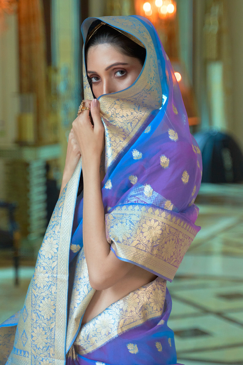 egyptian blue organza silk saree 4