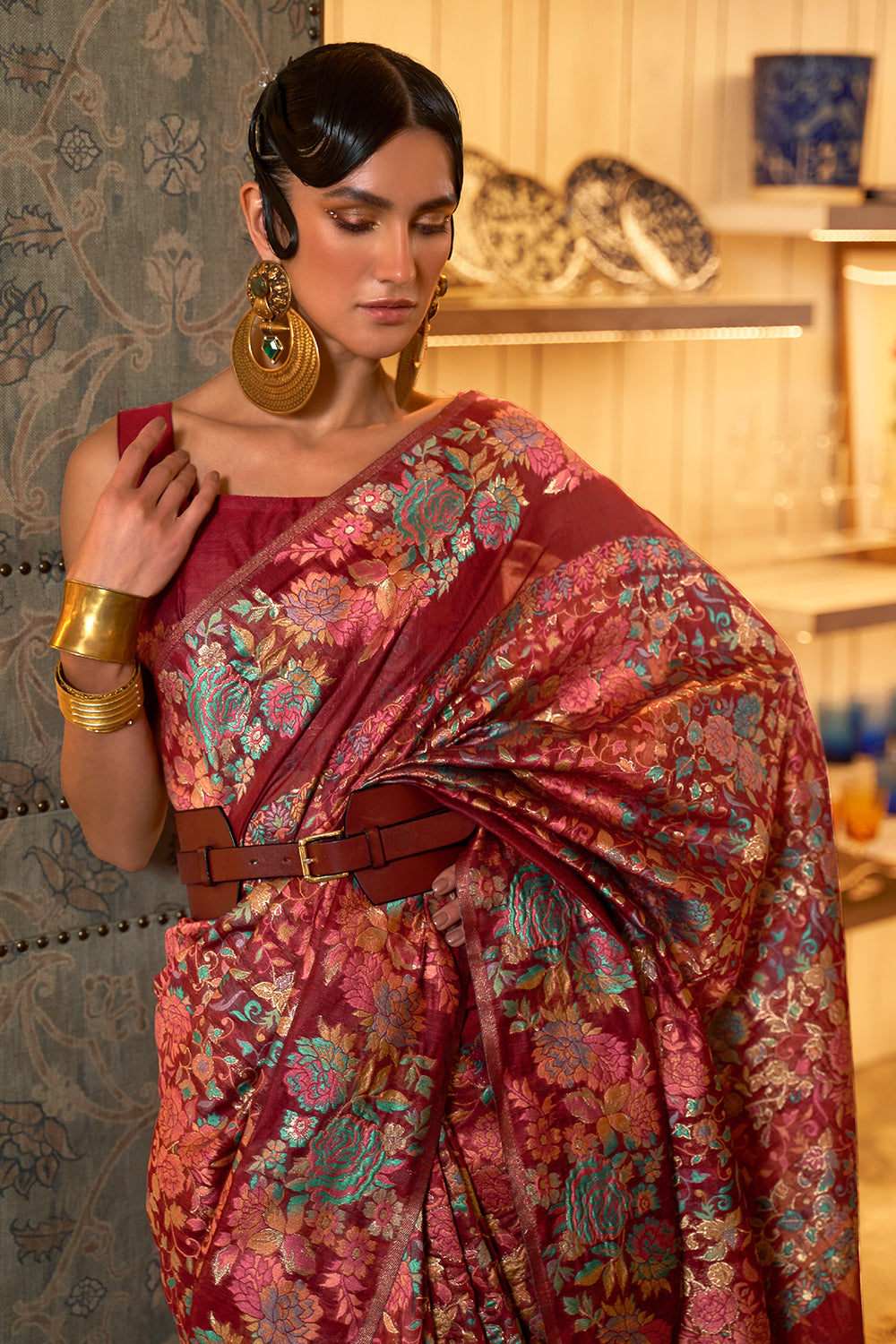 berry red pashmina saree 4