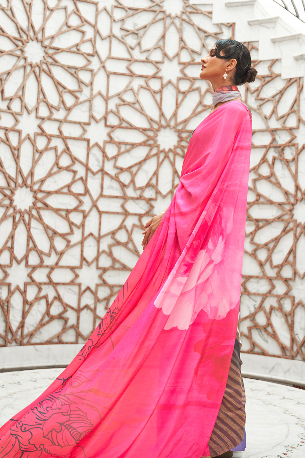 hot pink and blue satin saree 4