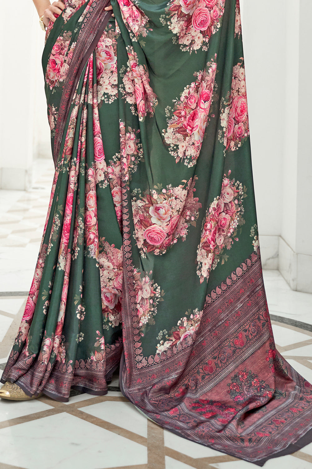 forest green satin saree 4
