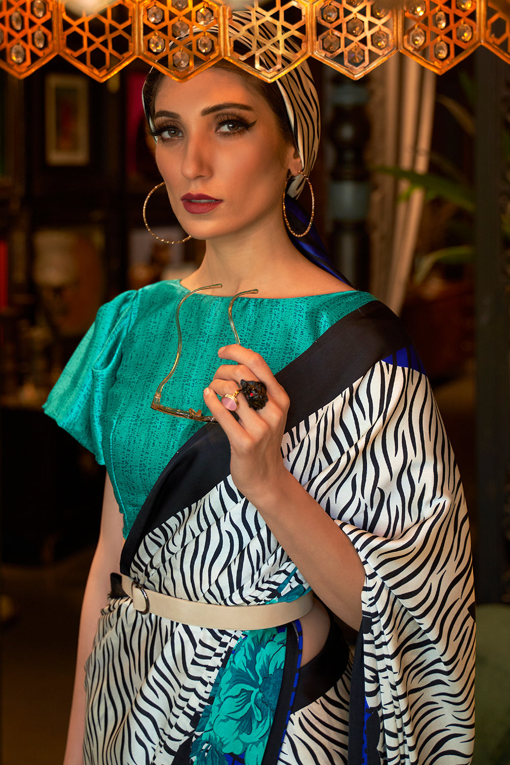 white satin silk saree with black stripes 4