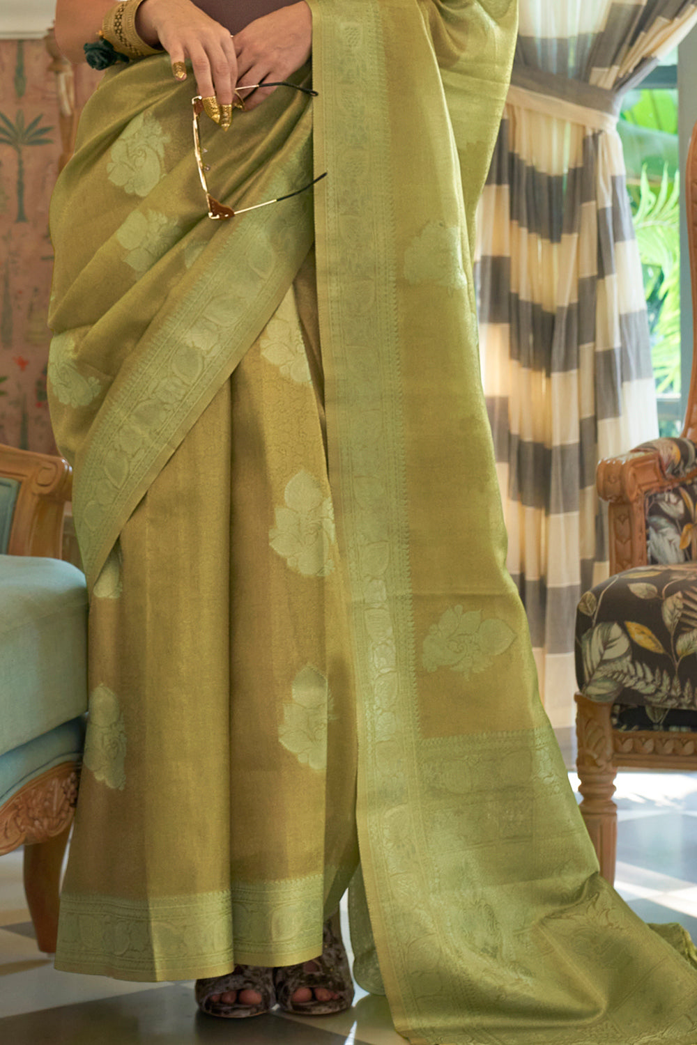 moss green satin saree 2 4