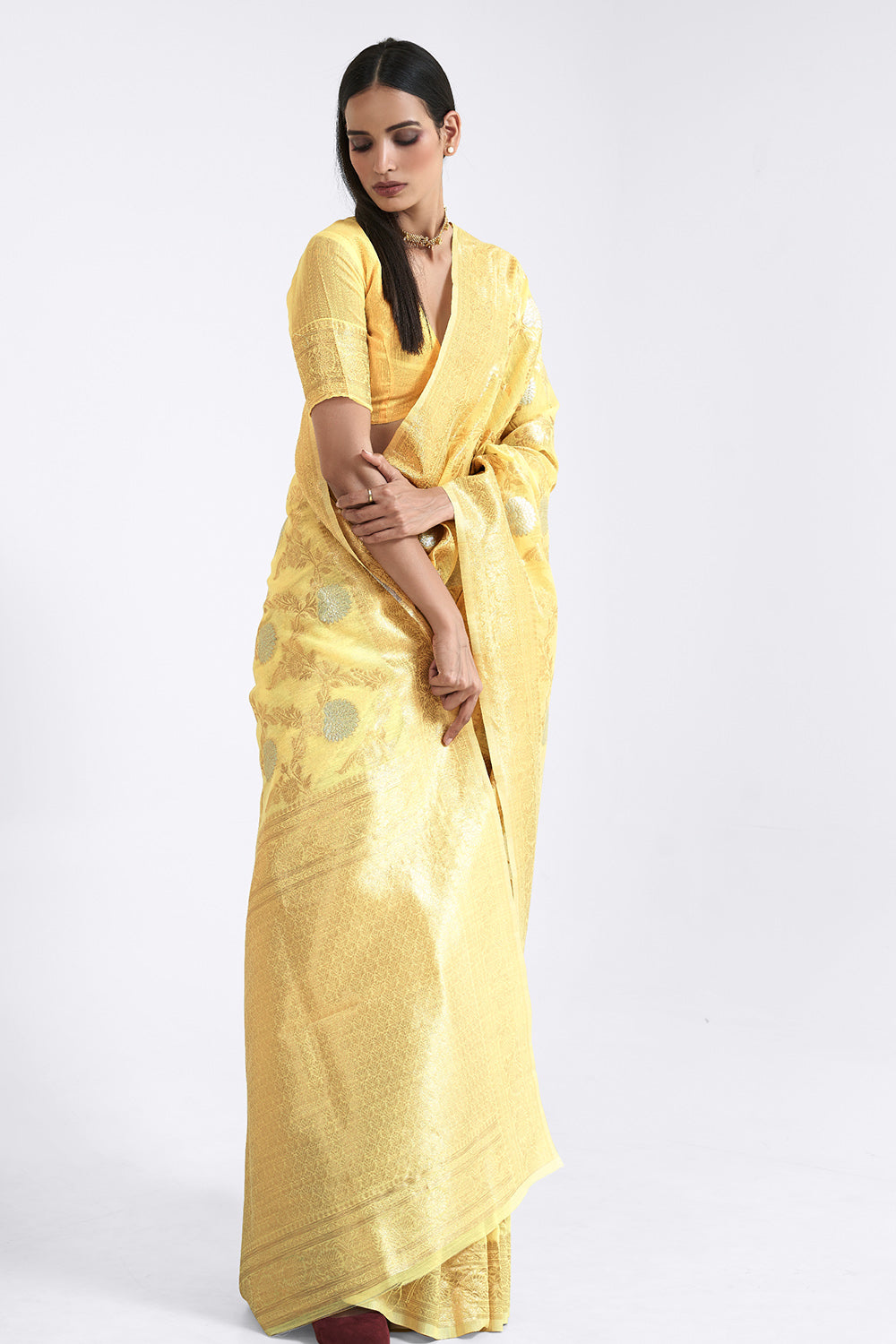 macroon yellow linen saree 4