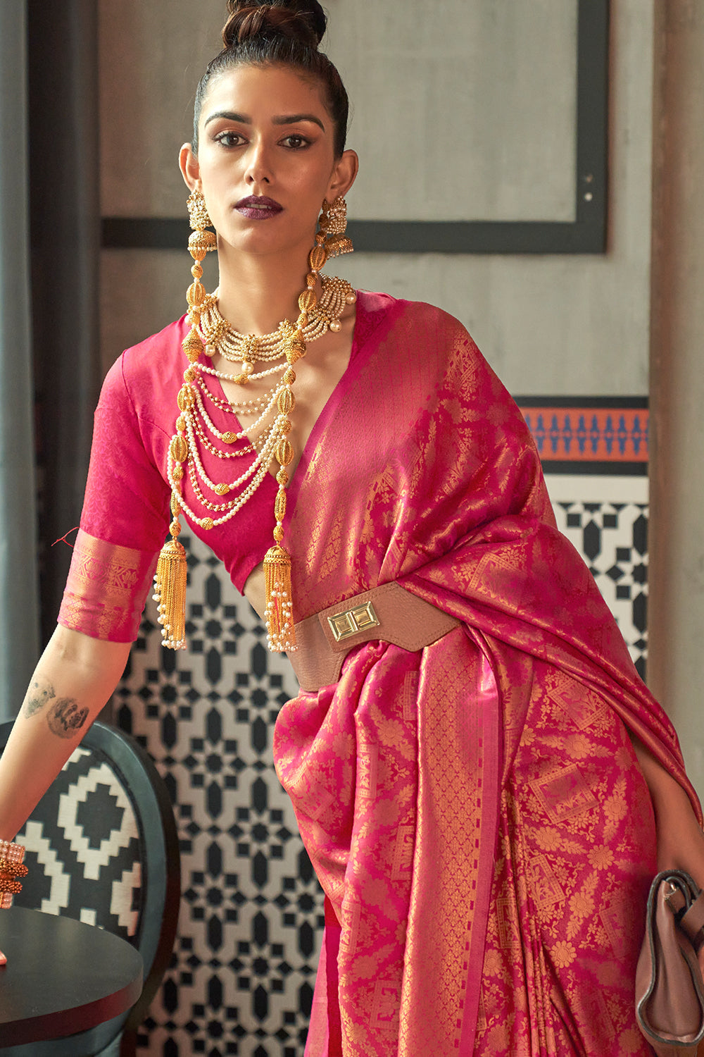 magenta pink kanjivaram silk saree 4