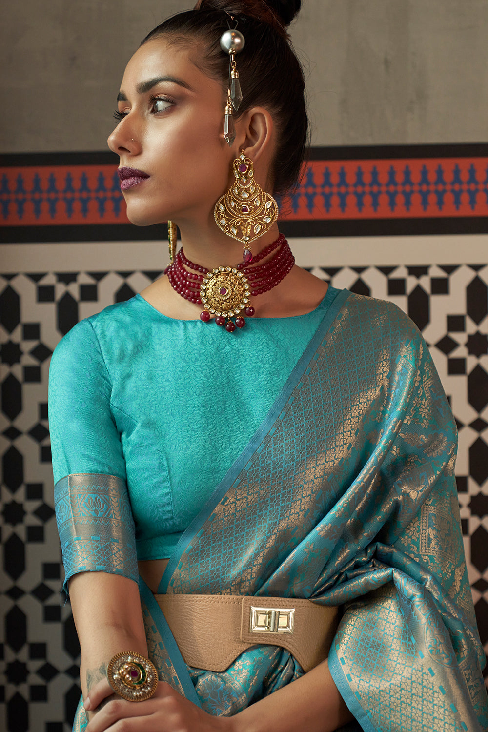 turquoise green kanjivaram saree 4