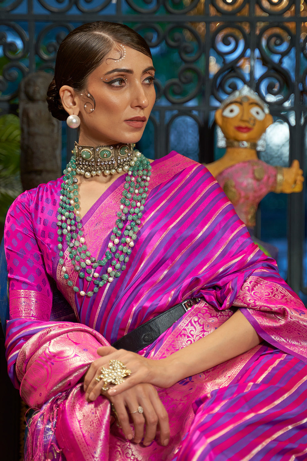 magenta pink satin saree 4