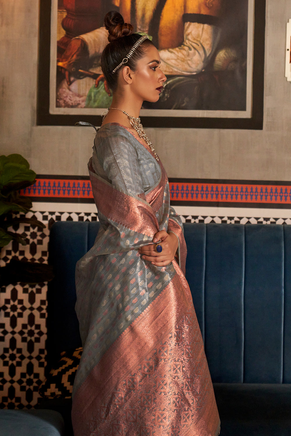 fossil grey kanjivaram silk saree 4