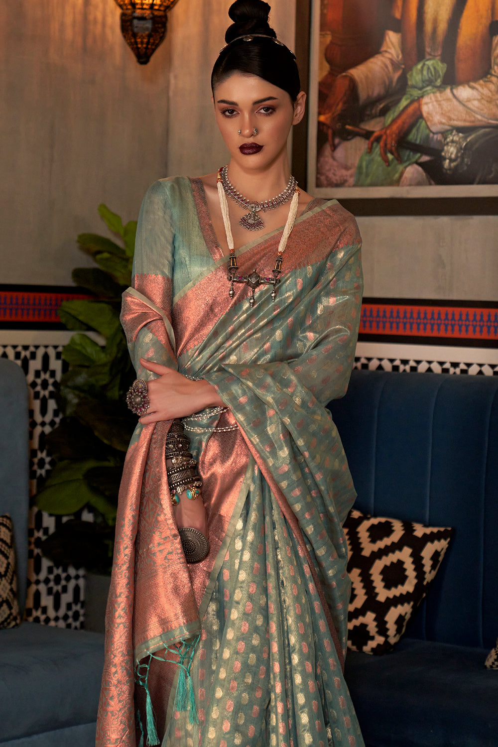 powder blue kanjivaram silk saree 4