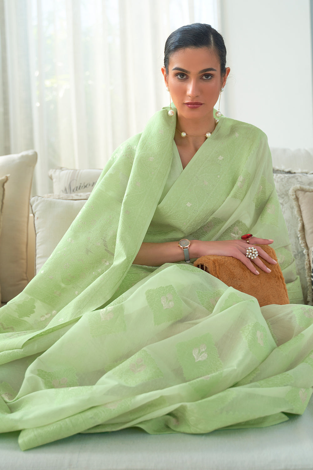 moss green chikankari saree 4