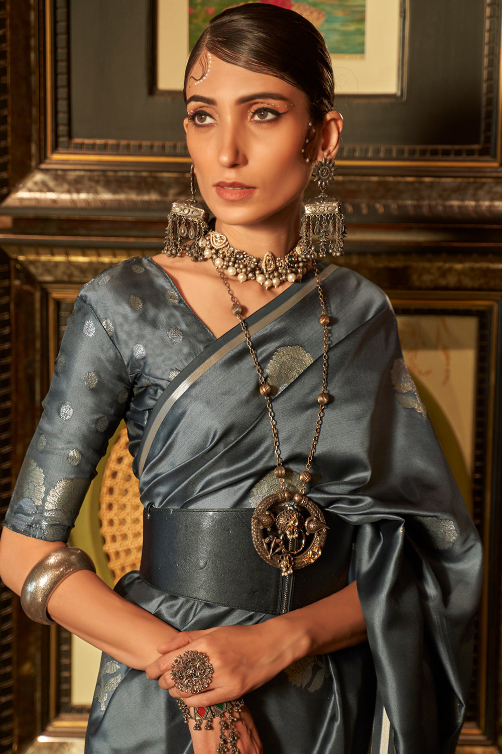 anchor grey satin saree 4