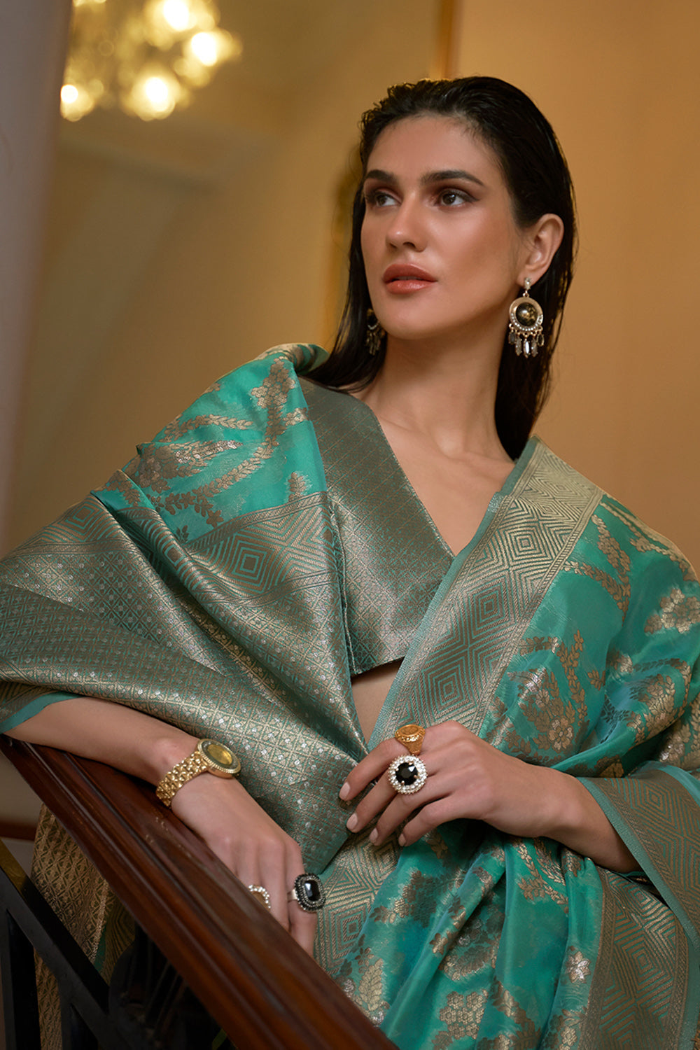 forest green organza saree 4