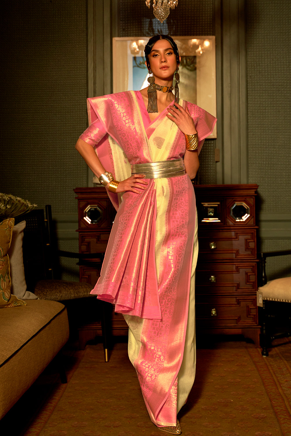 light moss green linen saree 5