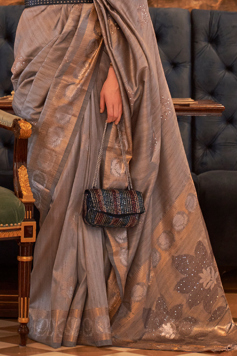 ash grey tusser silk saree 1 3