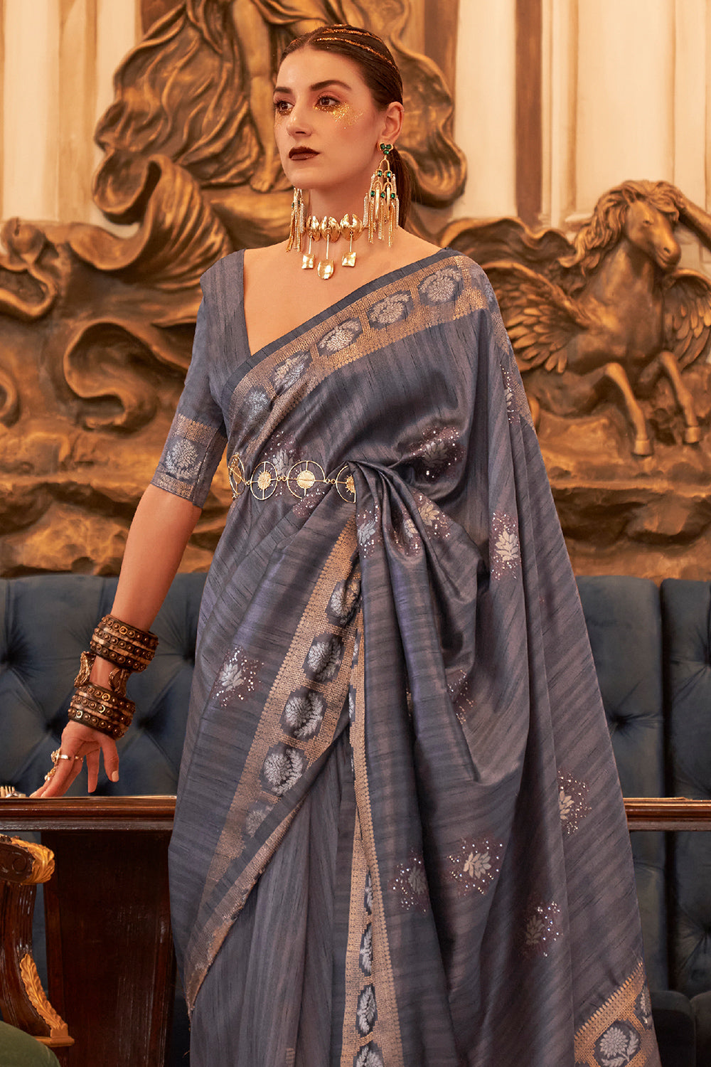 ash grey tusser silk saree 2 2