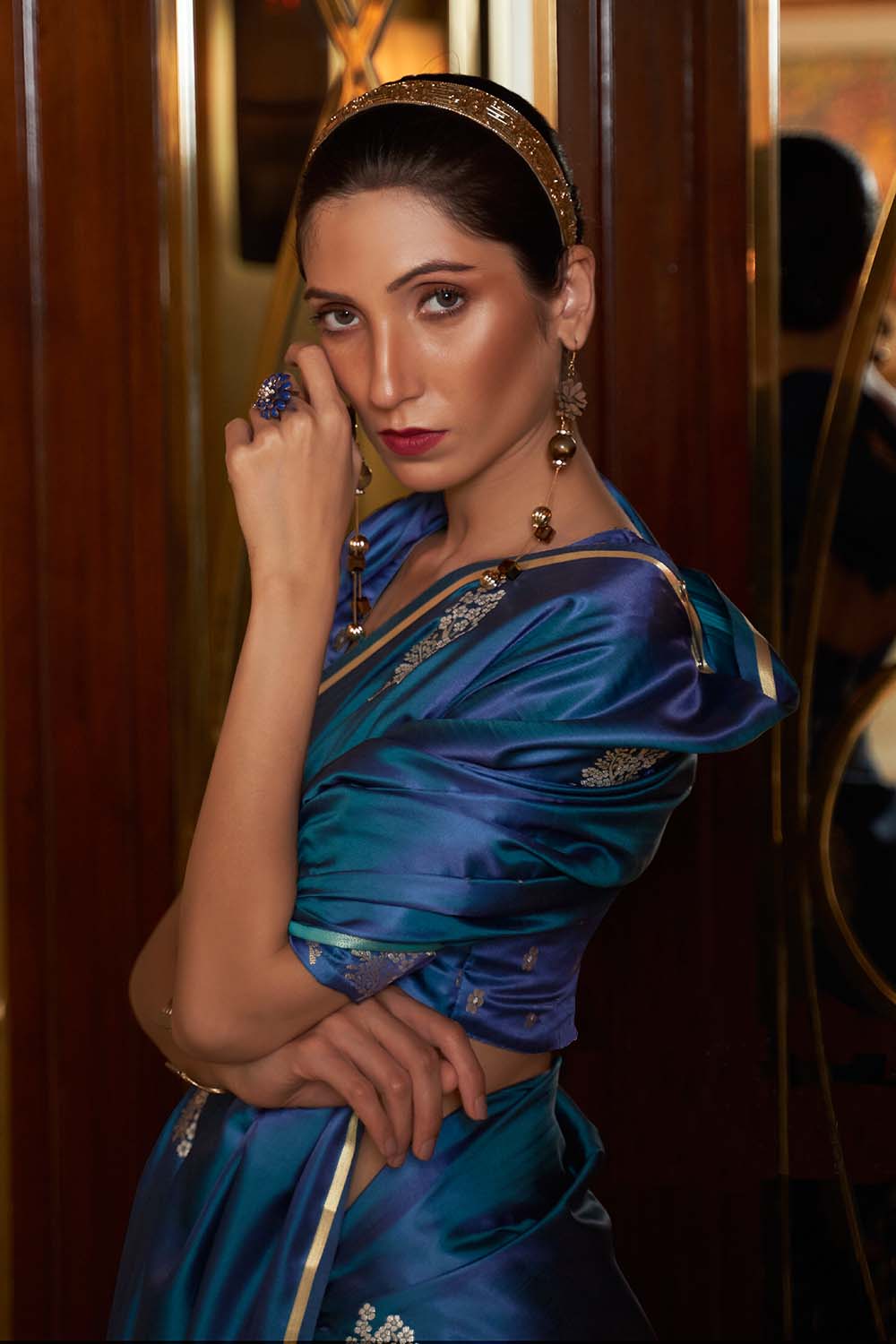 ocean blue satin silk saree 4