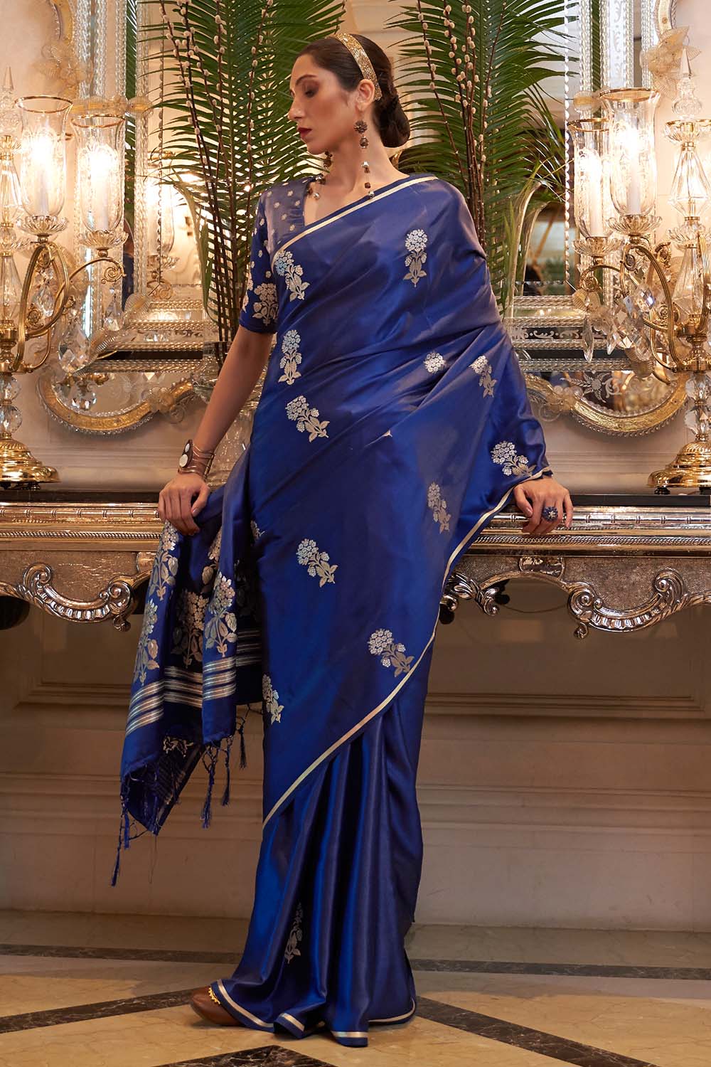 sapphire blue satin silk saree 5