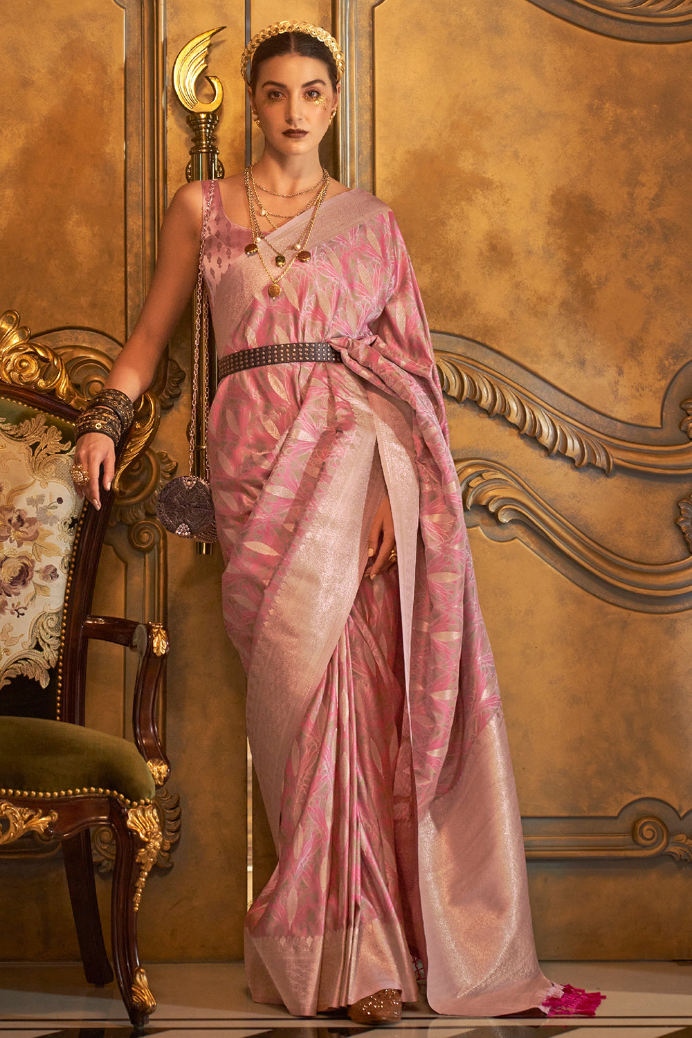 sea pink satin saree 3