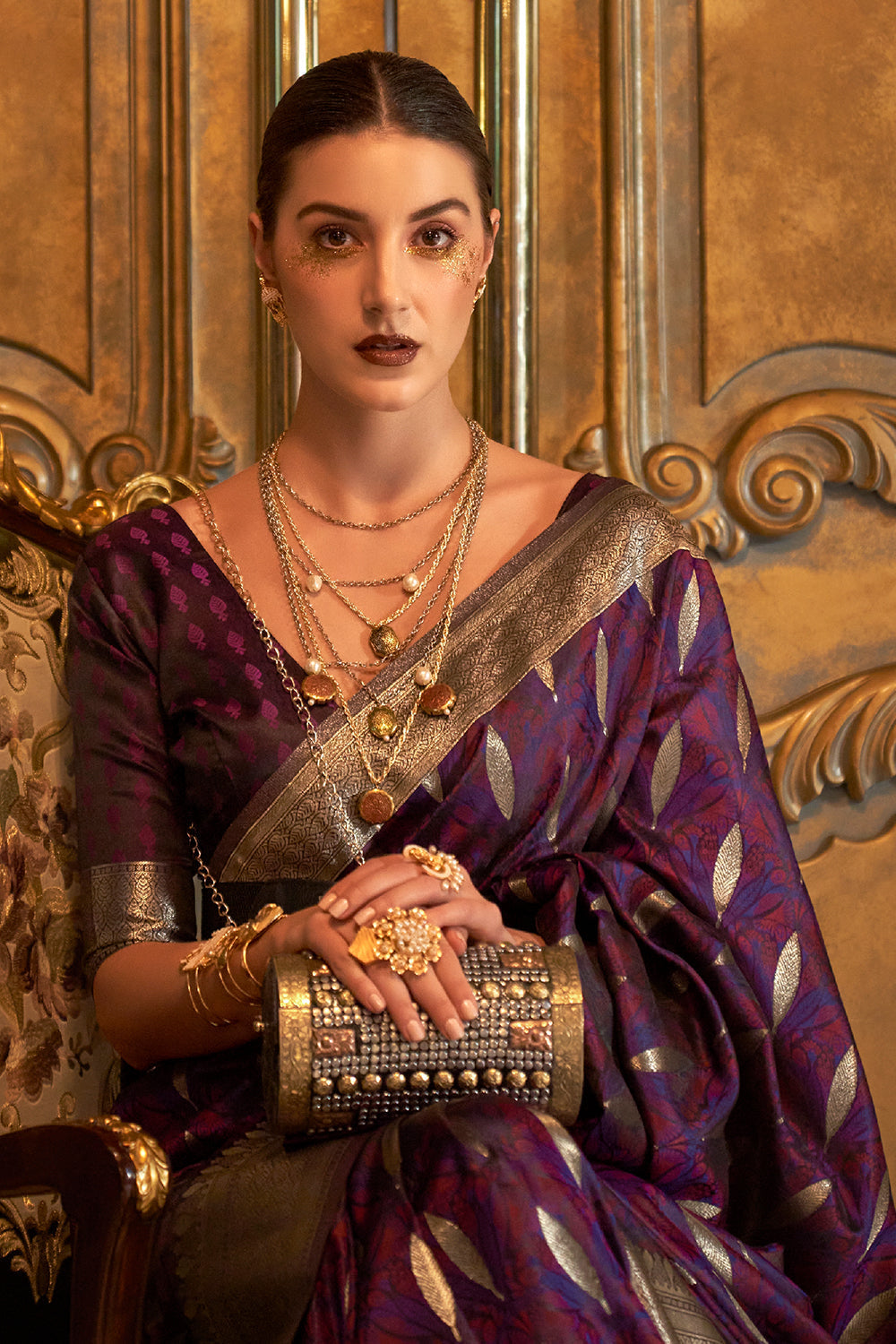 plum purple satin saree 4