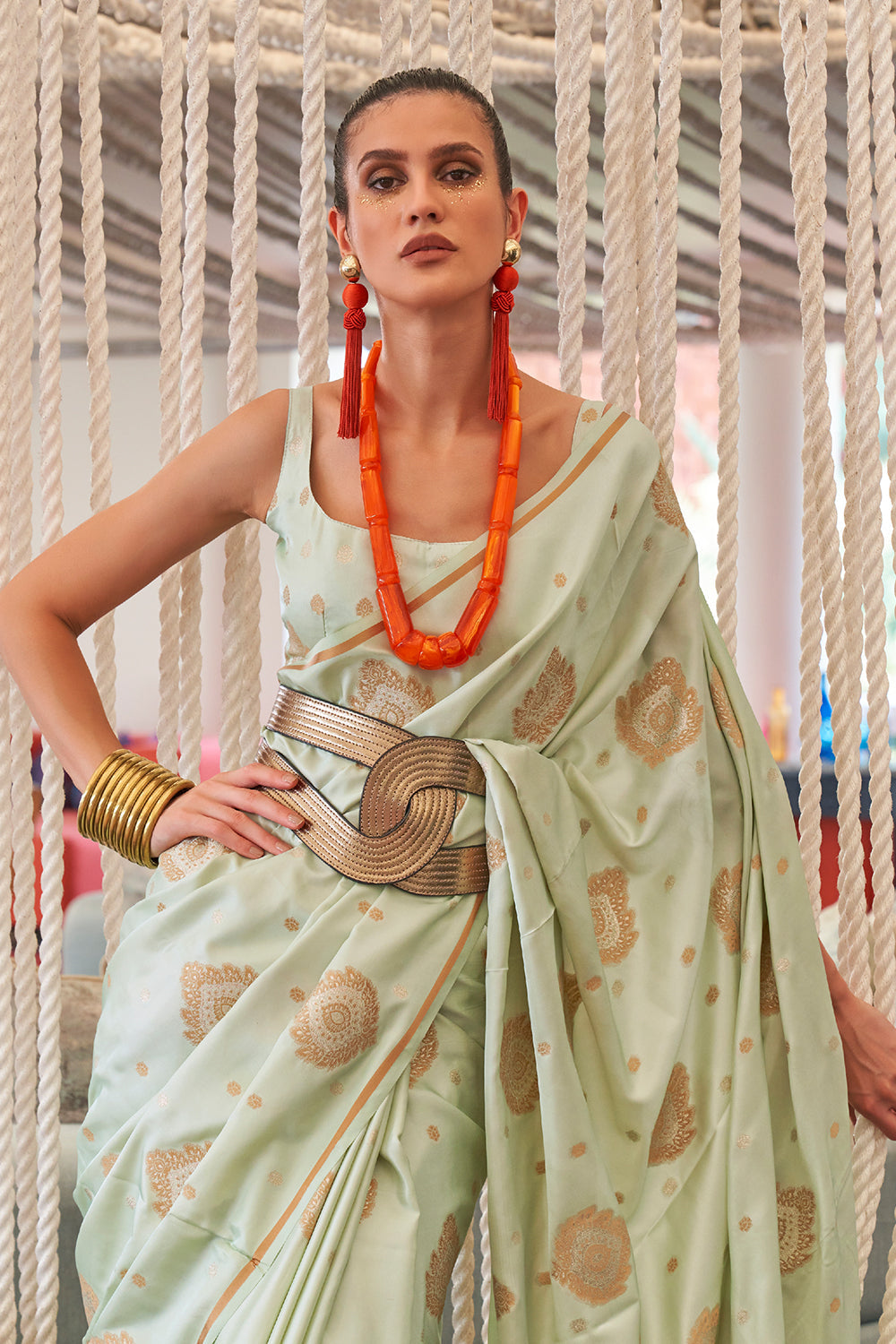 sage green satin saree 4