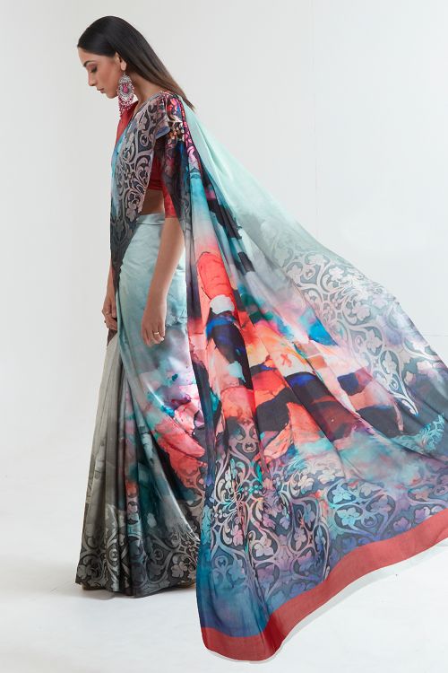 ice blue satin crepe saree 4