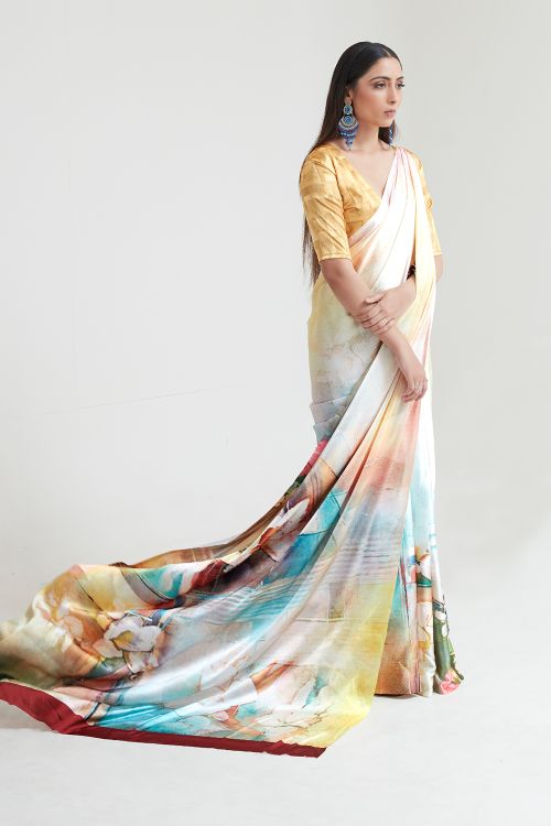 off white cream satin crepe saree 4