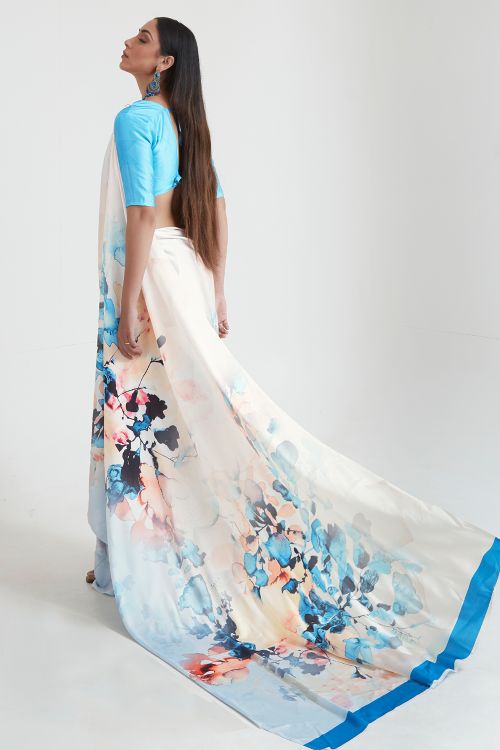 white and blue satin crepe saree 4