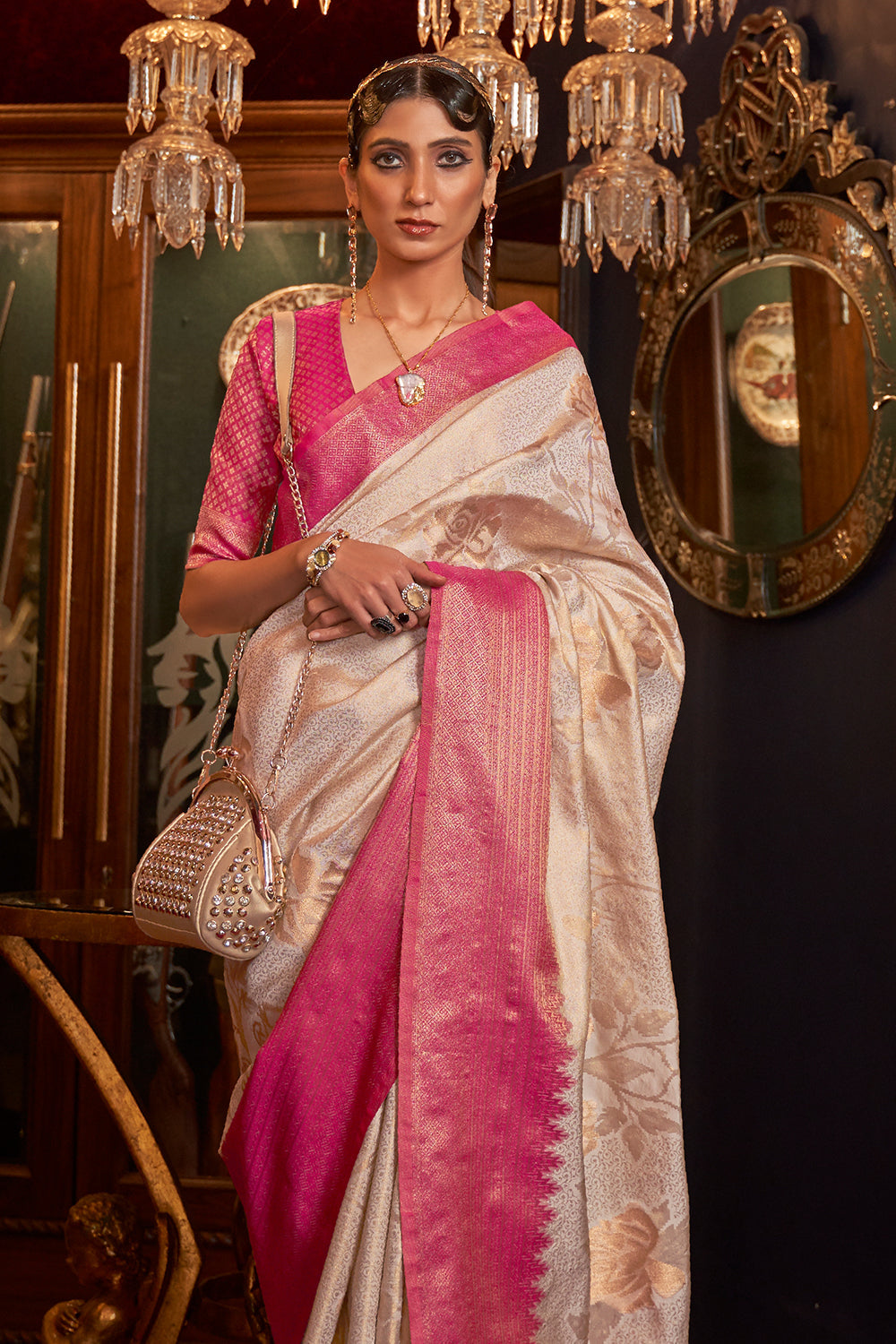 Off White Silk Saree with Pink Border - Main Image