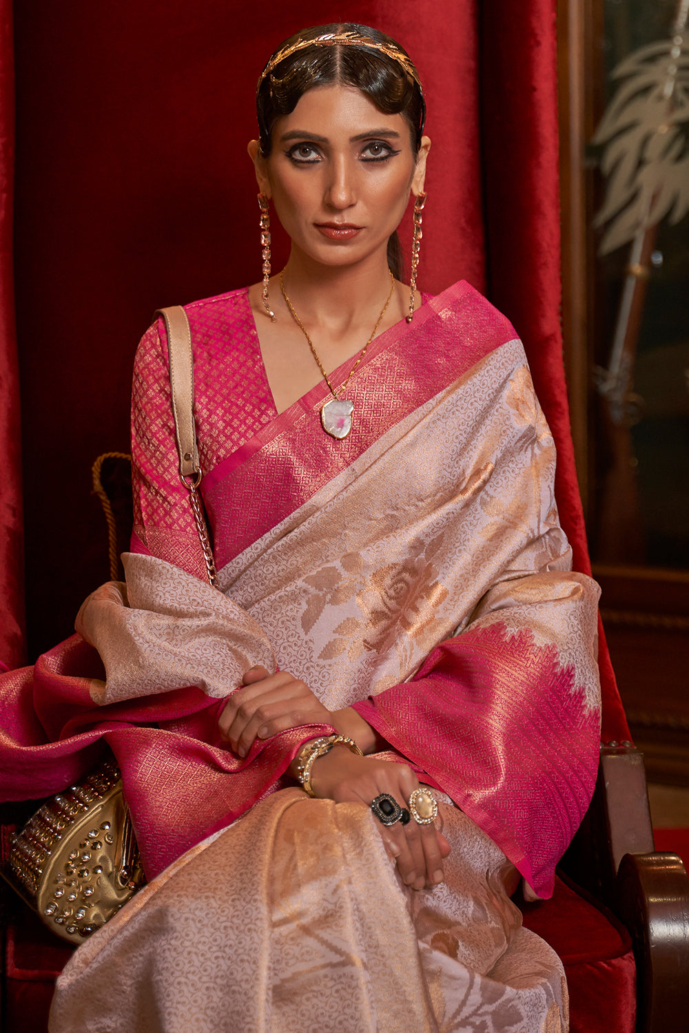 off white silk saree with pink border 4