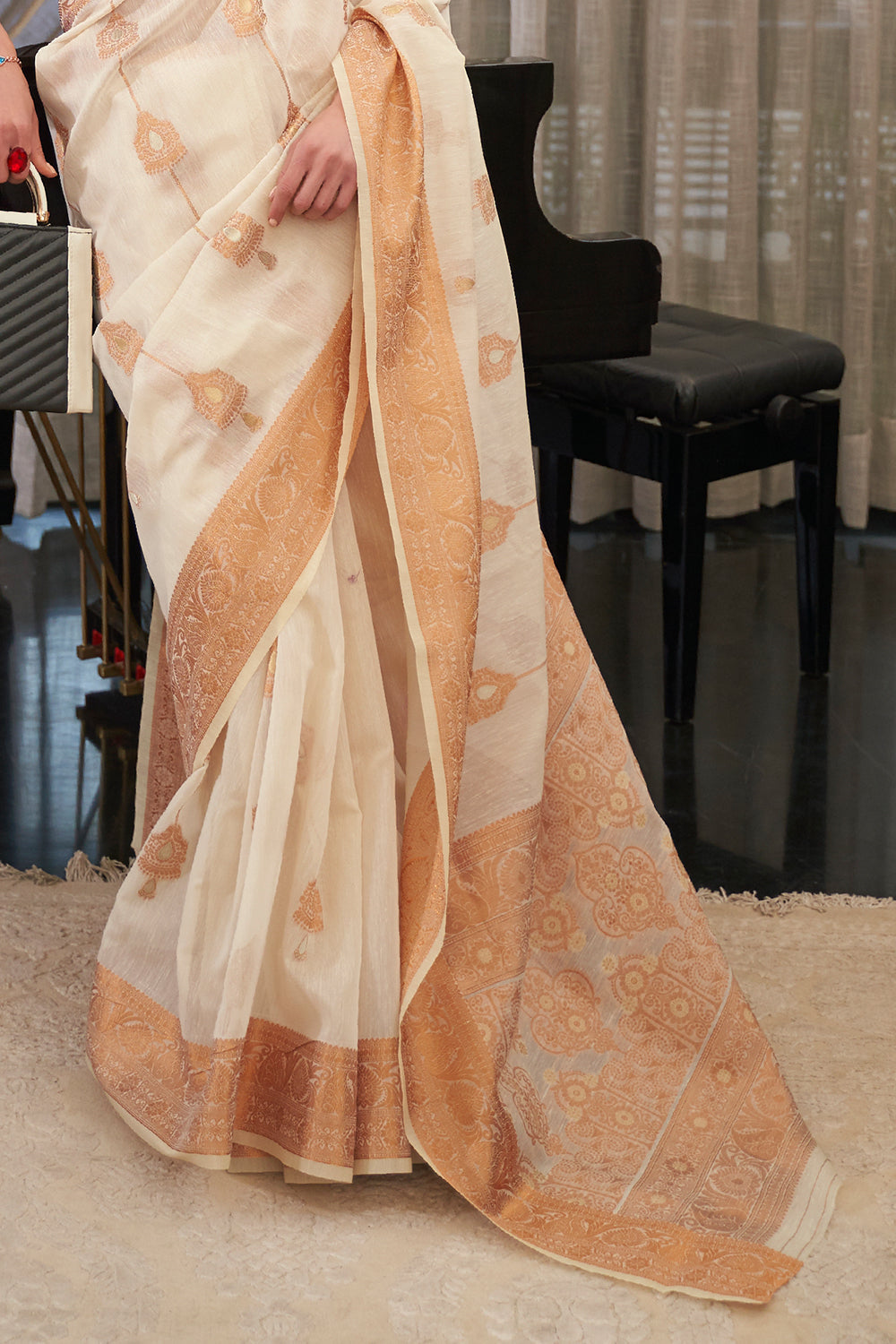off white linen saree 1 4