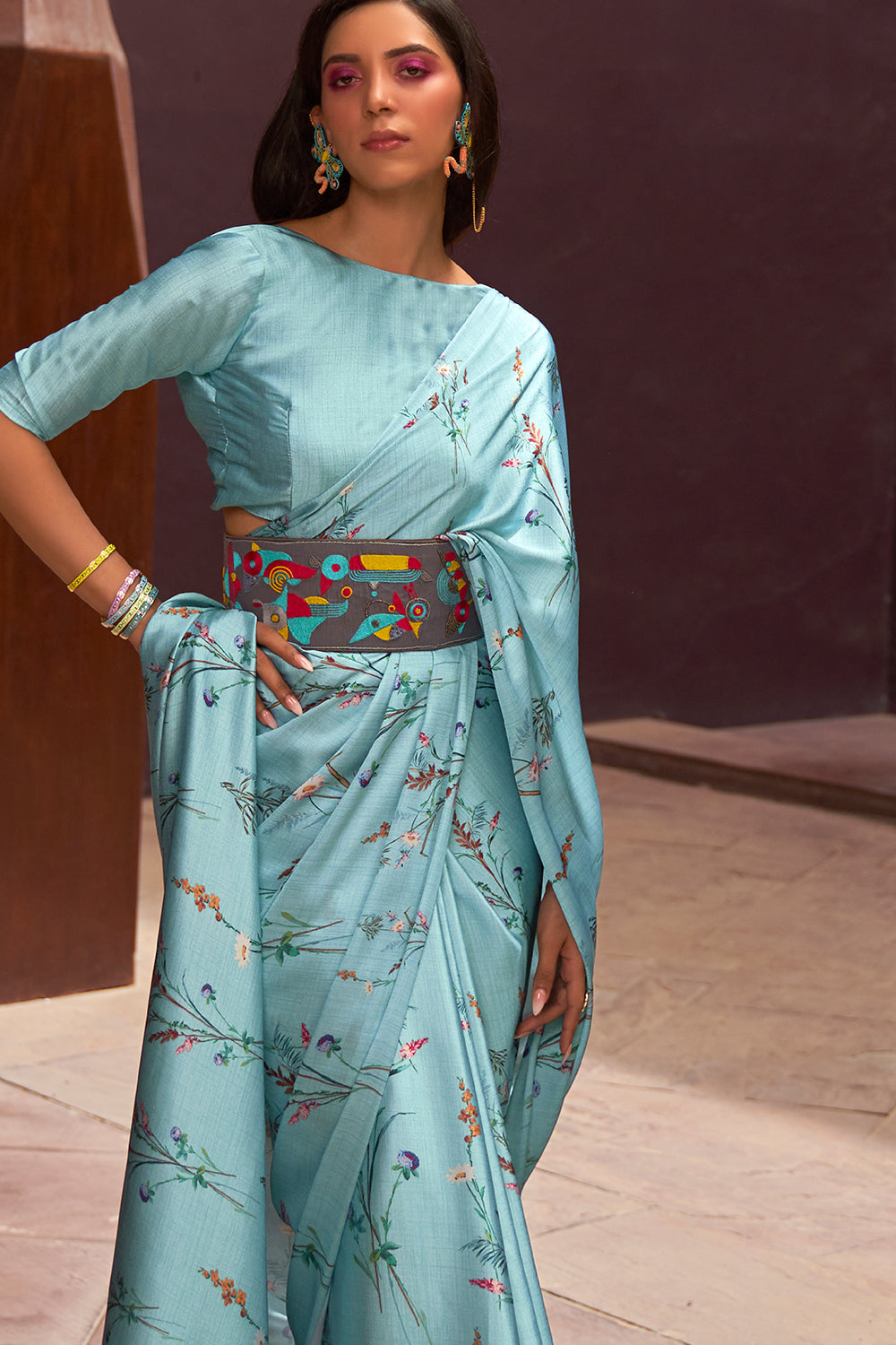 cyan blue digital print saree 4