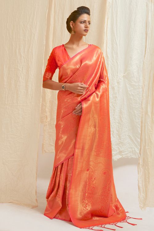 fire orange shimmery kanjivaram saree 3