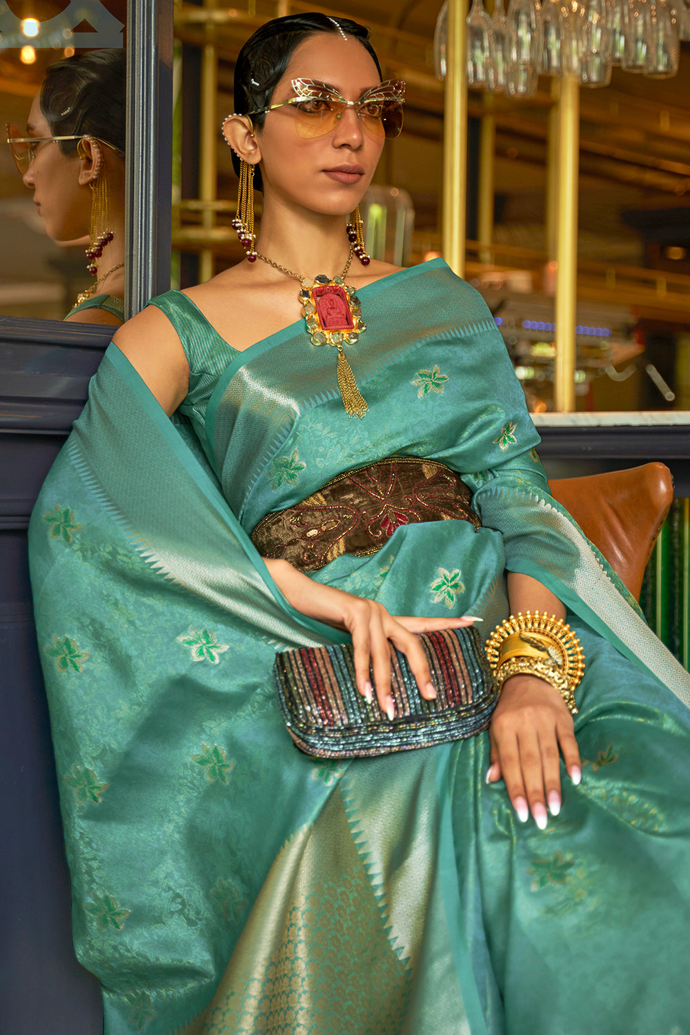 turquoise blue organza saree 4