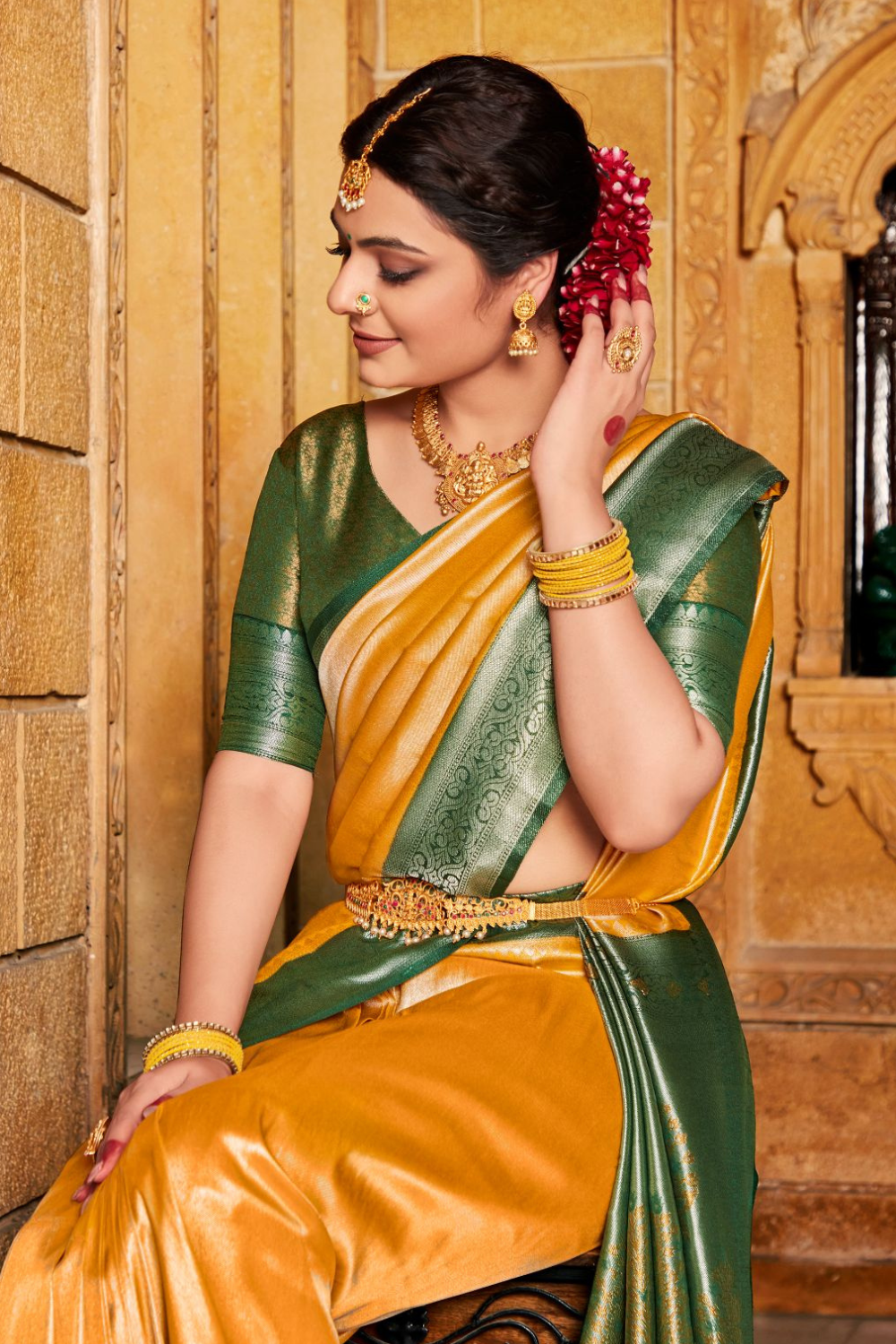 Yellow Kanjivaram Silk Saree with Green Border - Main Image