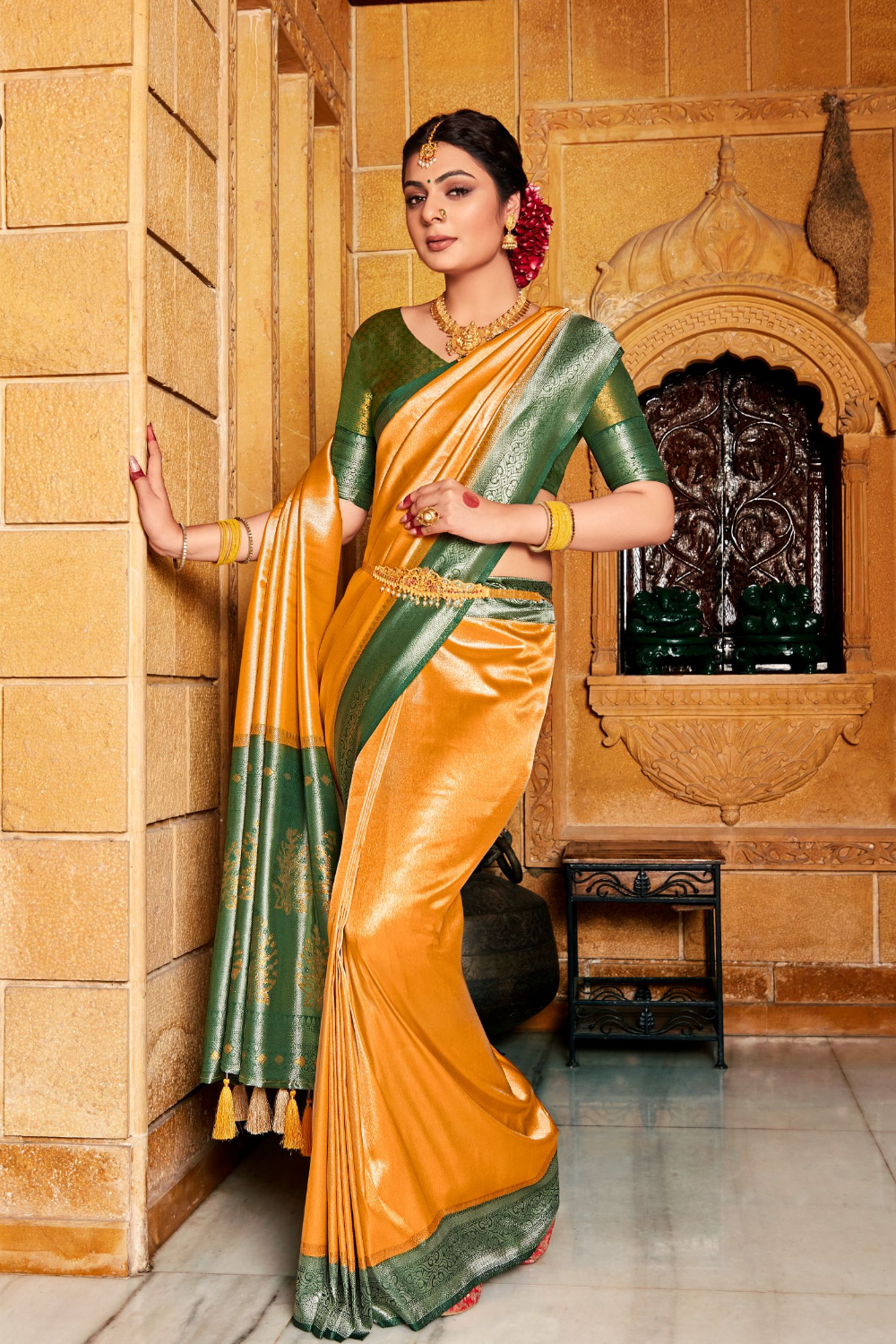 yellow kanjivaram silk saree with green border 3