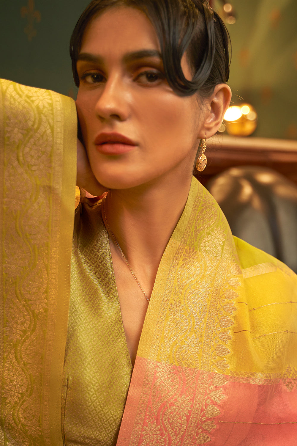 lime green and pink organza saree 4