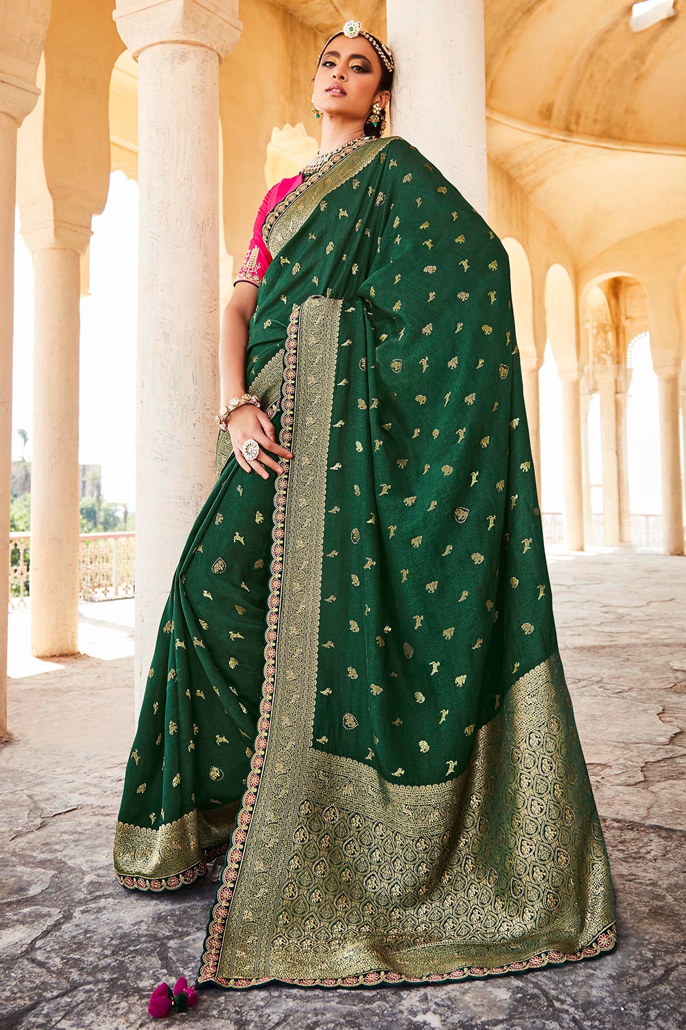 dark green designer banarasi saree 5
