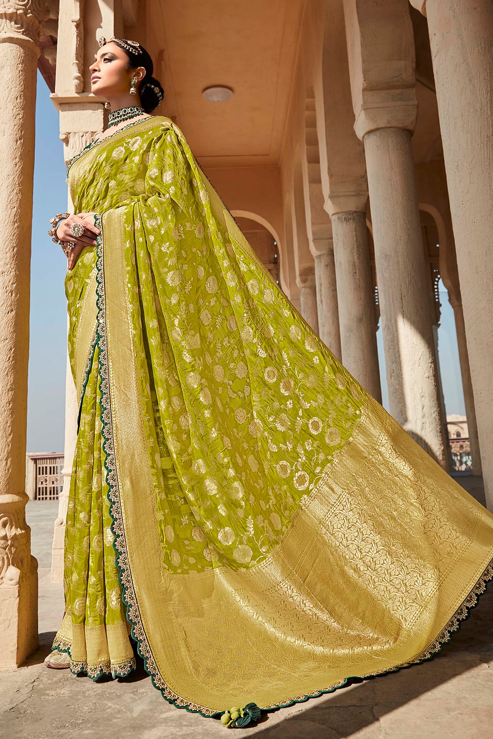 sheen green designer banarasi saree 5
