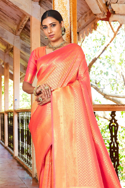 salmon orange zari woven kanjivaram saree 1