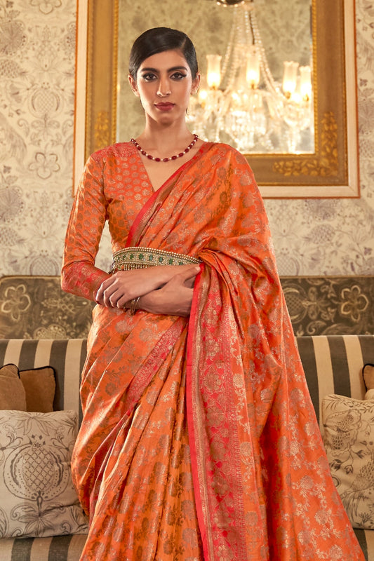 tangerine orange zari woven south silk saree 1