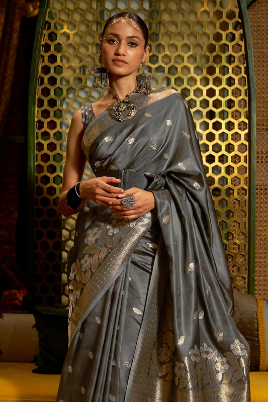 steel grey satin saree 1 1